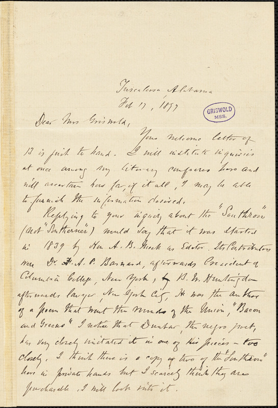 Warfield Creath Richardson, Tuscaloosa, AL., autograph letter signed to W. M. Griswold, 17 February 1897