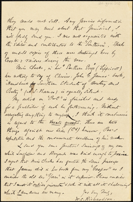 Warfield Creath Richardson, Tuscaloosa, AL., autograph letter signed to W. M. Griswold, 22 February 1897