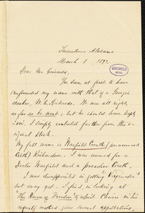 Warfield Creath Richardson, Tuscaloosa, AL., autograph letter signed to W. M. Griswold, 1 March 1897