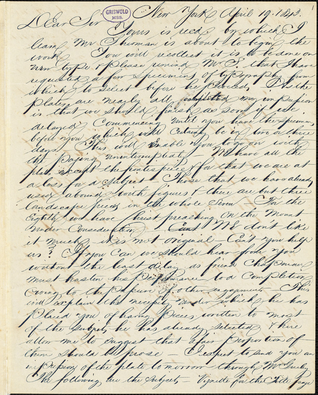 John C. Riker, New York, letter signed to R. W. Griswold, 19 April 1843