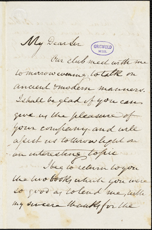 M[itchell] Ring autograph letter signed to R. W. Griswold, 10 March 1846