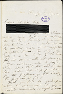 Mrs. Anna Cora (Ogden) Mowatt Ritchie, Fourth Avenue, NY. Thursday evening., autograph letter to Edgar Allan Poe