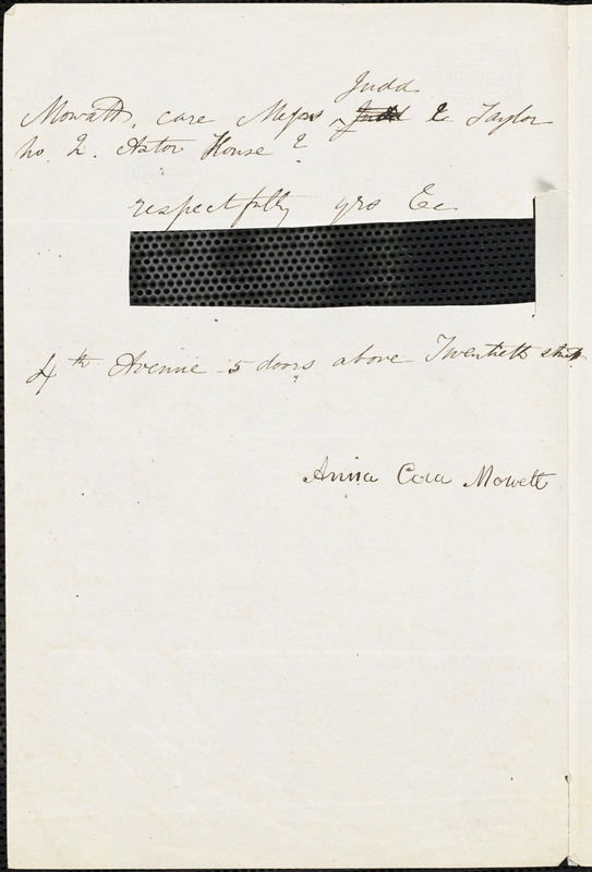 Mrs. Anna Cora (Ogden) Mowatt Ritchie, Fourth Avenue, NY. Thursday evening., autograph letter to Edgar Allan Poe