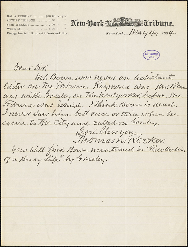 Thomas Newberry Rooker, New York Tribune, autograph letter signed, 4 May 1894