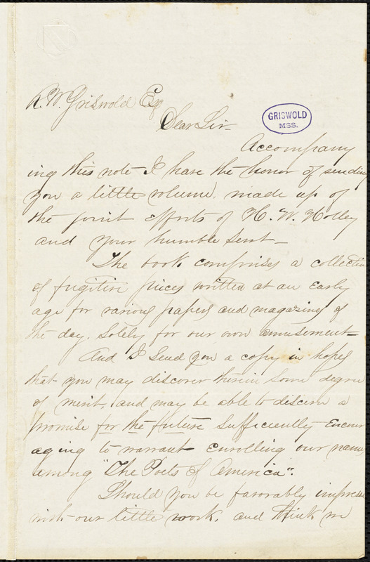 F. M. Russell, Portland, CT., autograph letter signed to R. W. Griswold, 18 February 1856