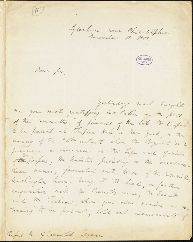 Richard Rush, Sydenham, near Philadelphia, PA., autograph letter signed to R. W. Griswold, 13 December 1851