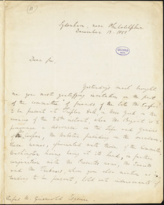 Richard Rush, Sydenham, near Philadelphia, PA., autograph letter signed to R. W. Griswold, 13 December 1851