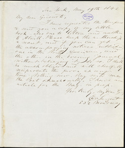 Epes Sargent, 532 Broadway, New York, autograph letter signed to R. W. Griswold, 19 May 1842