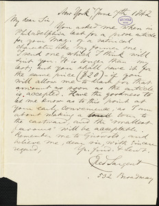 Epes Sargent, 532 Broadway, New York, autograph letter signed to George R. Graham, 7 June 1842