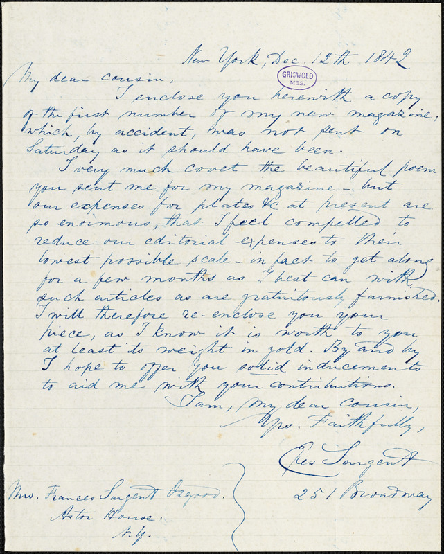 Epes Sargent, 251 Broadway, New York, autograph letter signed to Frances Sargent Locke Osgood, 12 December 1842