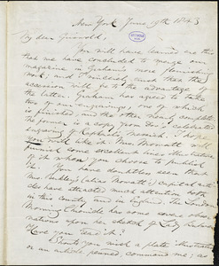 Epes Sargent, New York, autograph letter signed to R. W. Griswold, 19 June 1843