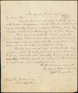 Epes Sargent, New York, autograph letter signed to George R. Graham, 29 June