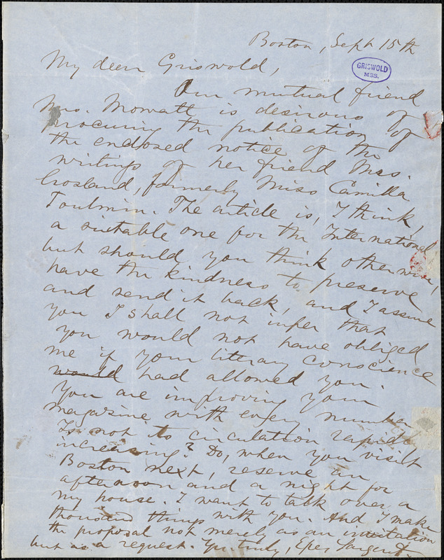 Epes Sargent, Boston, MA., autograph letter signed to R. W. Griswold, 15 September [1850?]