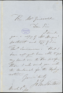 John Sartain autograph letter signed to R. W. Griswold, 8 March 1850