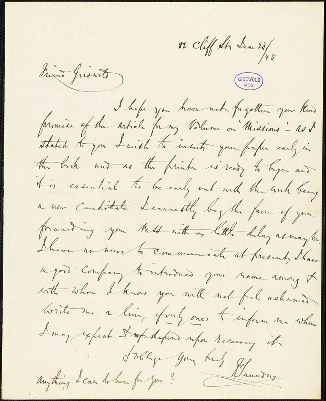 Frederick Saunders, 82 Cliff St., autograph letter signed to R. W. Griswold, 23 June 1845