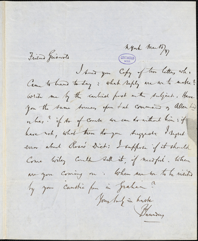 Frederick Saunders, New York, autograph letter signed to R. W. Griswold, 15 March 1847