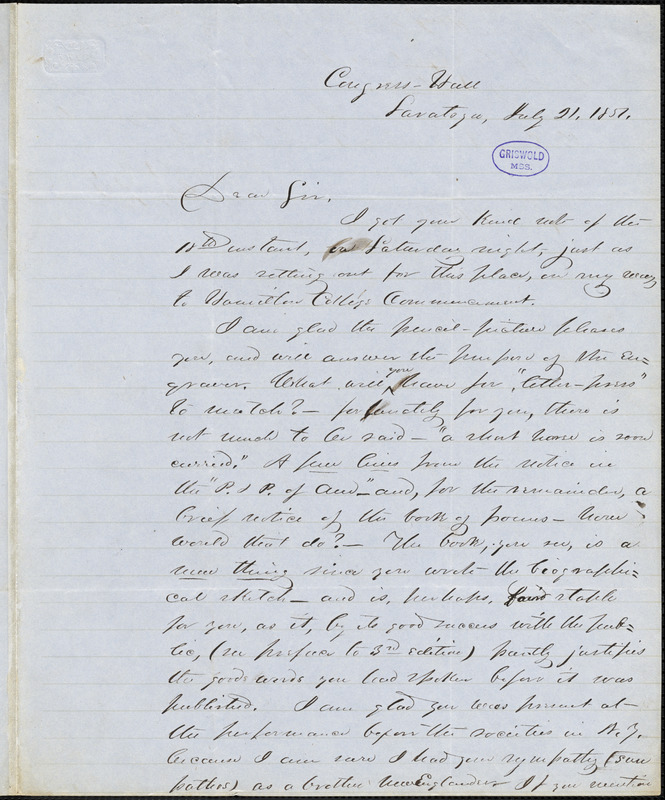 John Godfrey Saxe, Congress Hall, Saratoga., autograph letter signed to R. W. Griswold, 21 July 1851