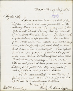 Henry Rowe Schoolcraft, Washington, DC., autograph letter signed to R. W. Griswold, 27 July 1853
