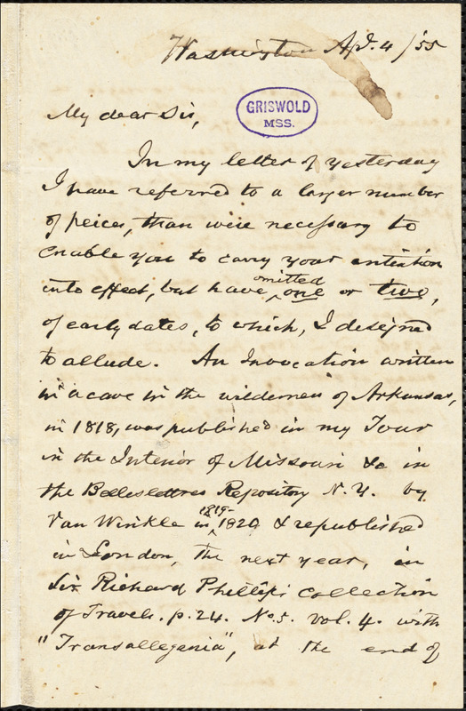 Henry Rowe Schoolcraft, Washington, DC., autograph letter signed to R. W. Griswold, 4 April 1855