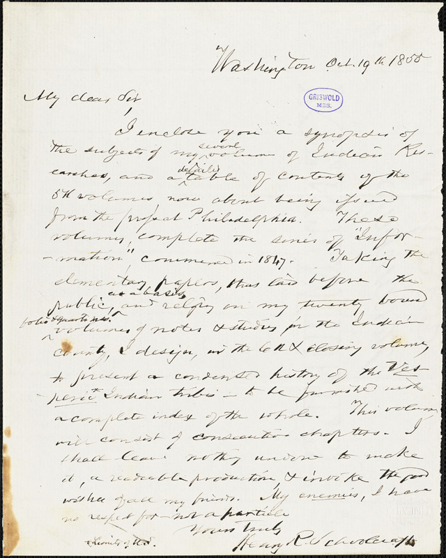 Henry Rowe Schoolcraft, Washington, DC., autograph letter signed to R. W. Griswold, 19 October 1855