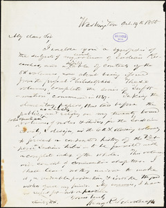 Henry Rowe Schoolcraft, Washington, DC., autograph letter signed to R. W. Griswold, 19 October 1855