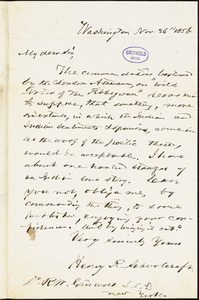 Henry Rowe Schoolcraft, Washington, DC., autograph letter signed to R. W. Griswold, 26 November 1856