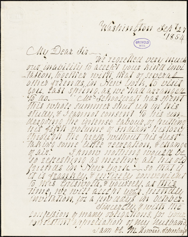 Mrs. Mary (Howard) Schoolcraft, Washington, DC., autograph letter signed to R. W. Griswold, 27 September 1854