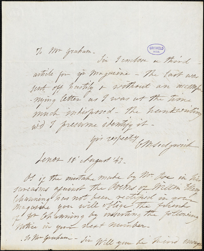 Catharine Maria Sedgwick, Lenox, (Mass), autograph letter signed to George R. Graham, 18 August 1843
