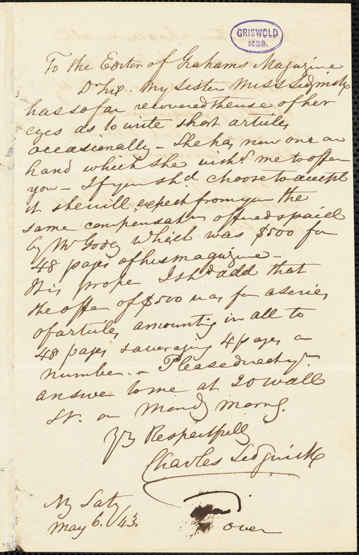 Charles Sedgwick, New York, autograph letter signed to Editor of Graham's Magazine, 6 May 1843