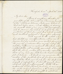 Lydia Howard (Huntley) Sigourney, Hartford, CT., autograph letter signed to Edgar A. Poe, 23 April 1836