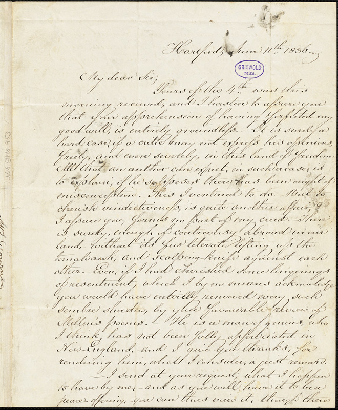 Lydia Howard (Huntley) Sigourney, Hartford, CT., autograph letter signed to Edgar Allan Poe, 11 June 1836