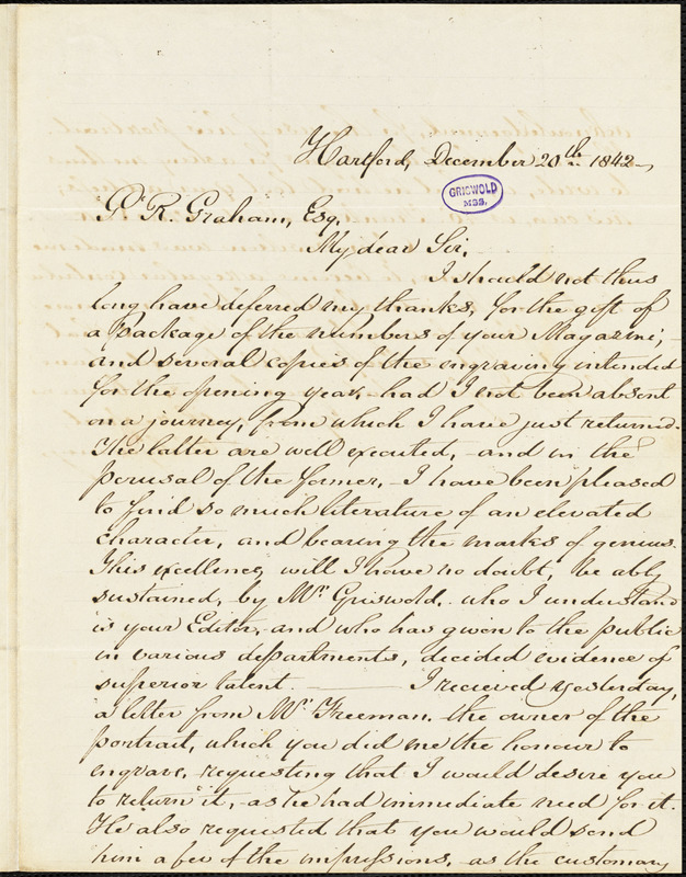 Lydia Howard (Huntley) Sigourney, Hartford, CT., autograph letter signed to George R. Graham, 20 December 1842