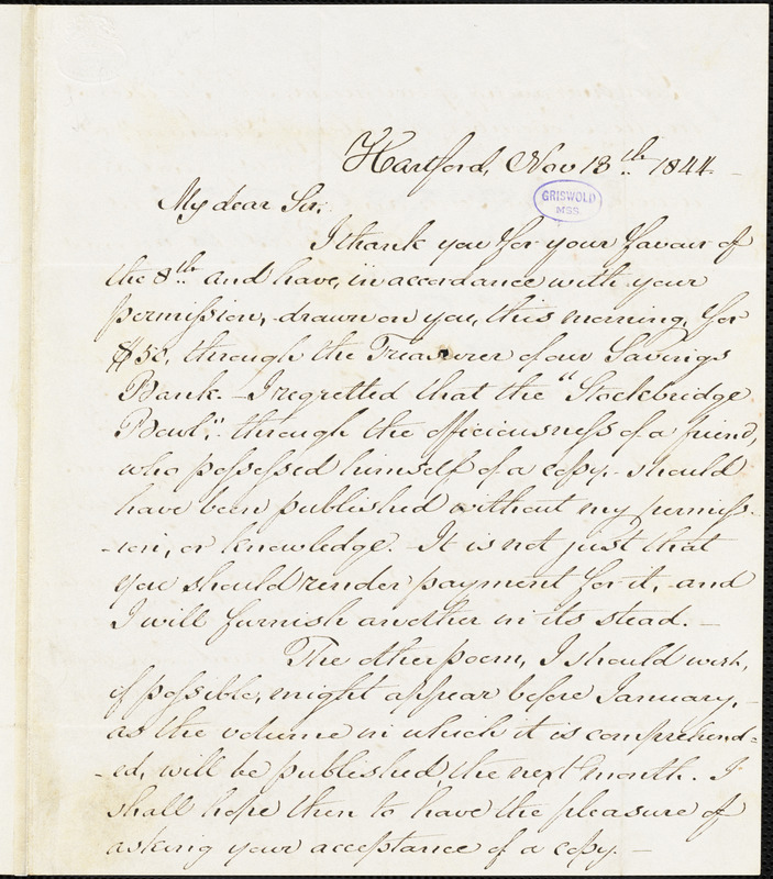 Lydia Howard (Huntley) Sigourney, Hartford, CT., autograph letter signed to George R. Graham, 13 November 1844