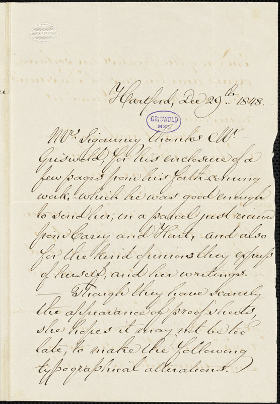 Lydia Howard (Huntley) Sigourney, Hartford, CT., autograph letter signed to R. W. Griswold, 29 December 1848