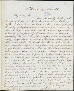 William Gilmore Simms, Charleston, (SC), autograph letter signed to R. W. Griswold, 21 October [1842?]