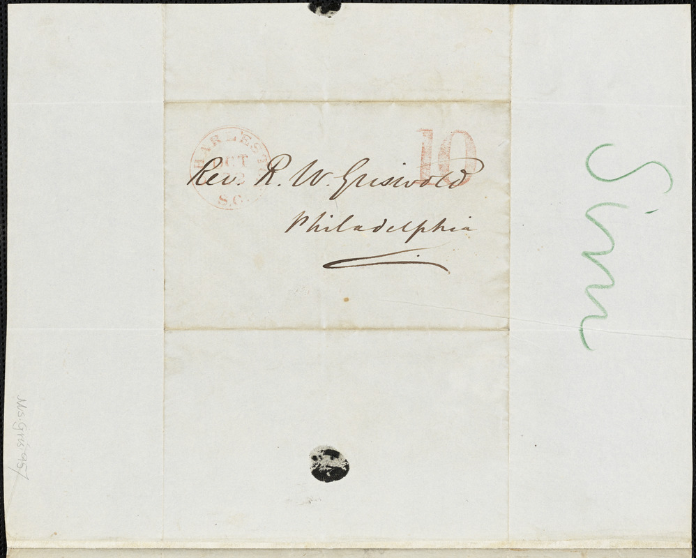 William Gilmore Simms, Charleston, (SC), autograph letter signed to R. W. Griswold, 21 October [1842?]
