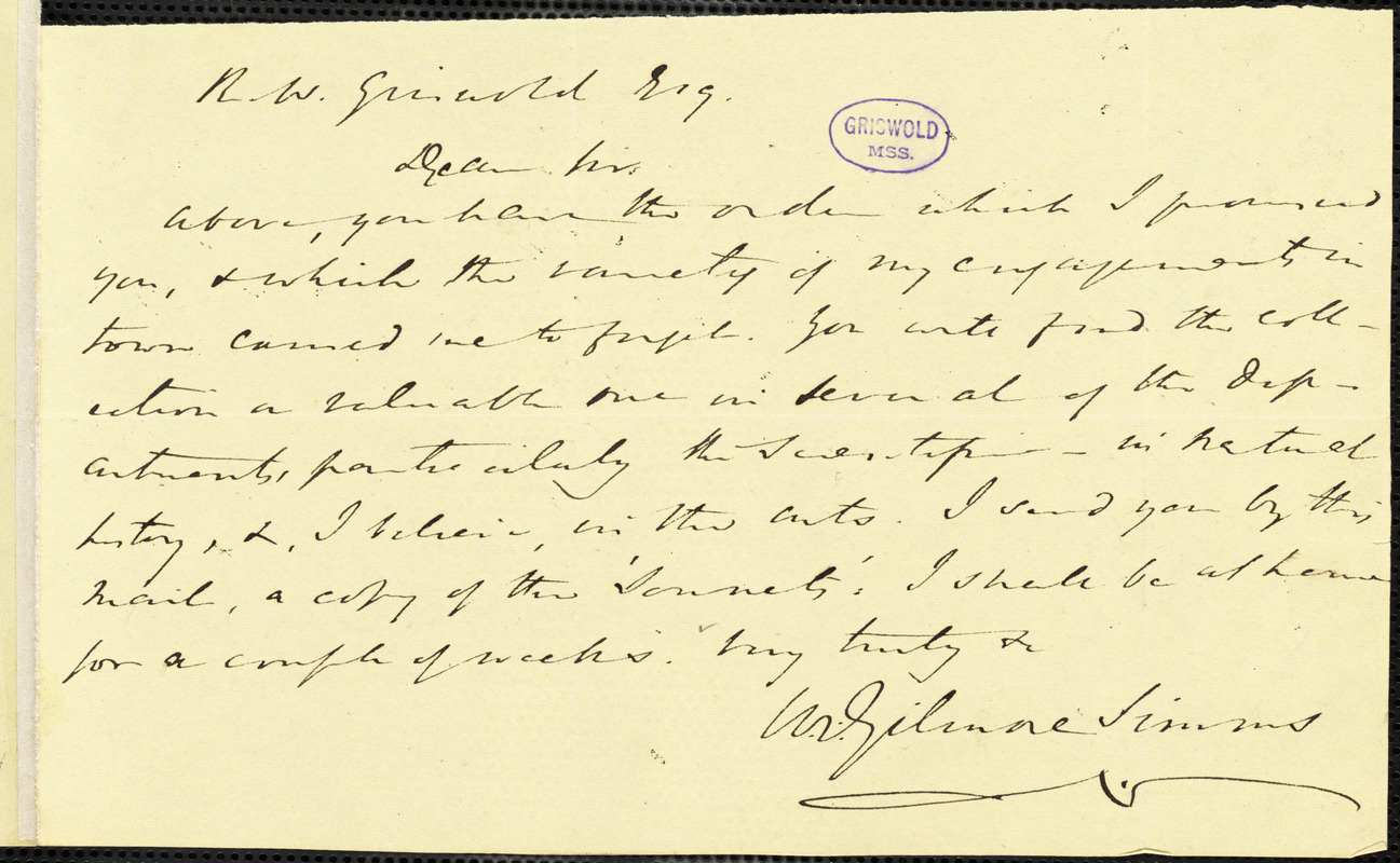 William Gilmore Simms, Midway, (SC), autograph letter signed to R. W. Griswold, 16 January 1846