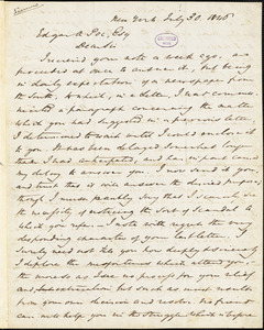 William Gilmore Simms, New York, autograph letter signed to Edgar A. Poe, 30 July 1846