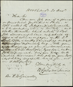 William Gilmore Simms, Woodlands, (SC), autograph letter signed to R. W. Griswold, 21 December [1847]