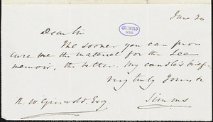William Gilmore Simms autograph letter signed to R. W. Griswold, 24 June