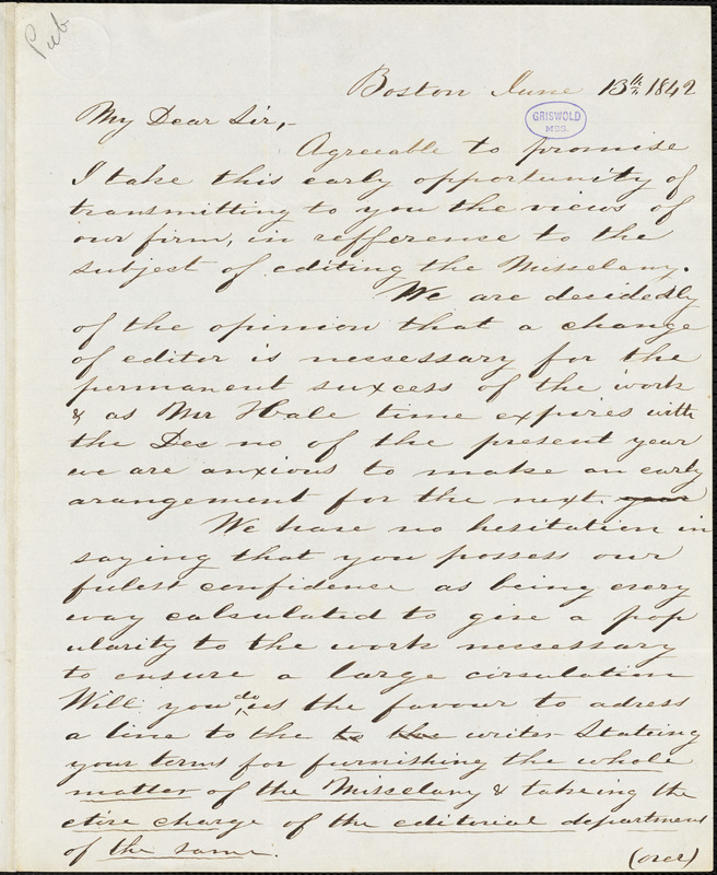 S. S. Soden, Boston, MA., autograph letter signed to R. W. Griswold, 13 June 1842