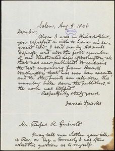 Jared Sparks, Salem, autograph letter signed to R. W. Griswold, 5 August 1846