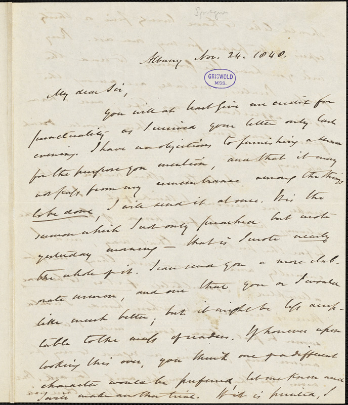 William Buell Sprague, Albany, (NY), autograph letter signed to R. W. Griswold, 24 November 1848