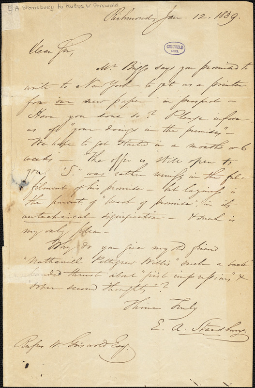 E. A. Stansbury, Richmond, VT., autograph letter signed to R. W. Griswold, 12 January 1839