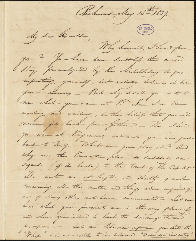 E. A. Stansbury, Richmond, VT., autograph letter signed to R. W. Griswold, 15 May 1839