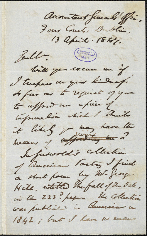Digby P. Starkey, Dublin, (Ireland), autograph letter signed to Wiley and Putnam, 13 April 1847