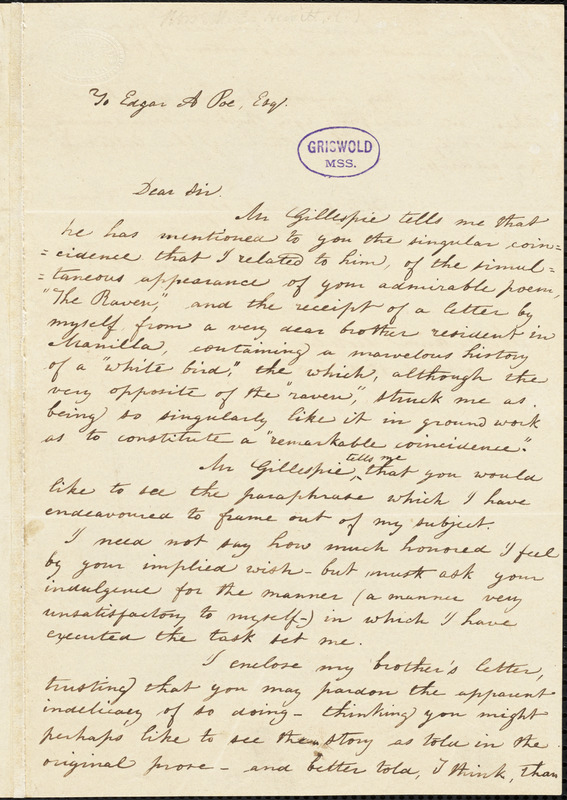 Mary Elizabeth (Moore) Hewitt Stebbins, Athenaeum Hotel (NY), autograph letter signed to Edgar A. Poe, 15 March 1845
