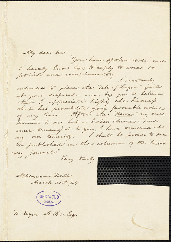 Mary Elizabeth (Moore) Hewitt Stebbins, Athenaeum Hotel (NY), autograph letter signed to Edgar A. Poe, 21 March 1845
