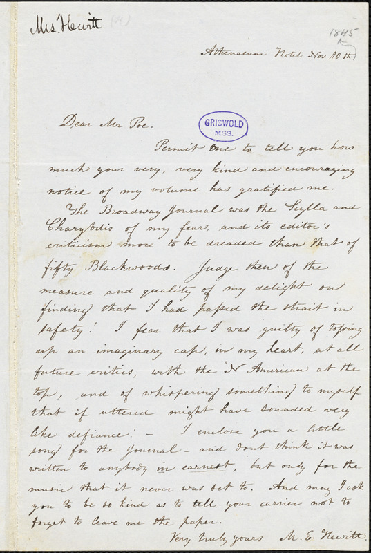 Mary Elizabeth (Moore) Hewitt Stebbins, Athenaeum Hotel (NY), autograph letter signed to Edgar A. Poe, 10 November [1845?]
