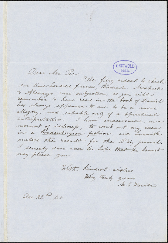 Mary Elizabeth (Moore) Hewitt Stebbins autograph letter signed to Edgar A. Poe, 22 December 1845